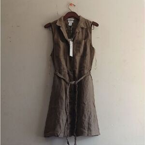 100% Linen Nicole Miller Tan Sleeveless Midi Dress